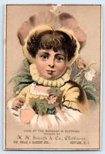 NEWARK NJ*HH SMITH & CO CLOTHIERS*PANSY FLOWER GIRL HOLDING LEAF DOLL TRADE CARD picture