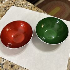 TWO Vintage EMALOX of Norway Green & Red Enamel 4 inch Metal Bowl MCM Danish picture