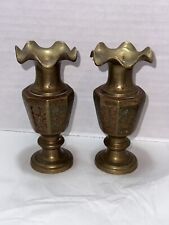 2 Antique Made In Israel Brass Candlestick Holders Stem Vases Flared Etched picture