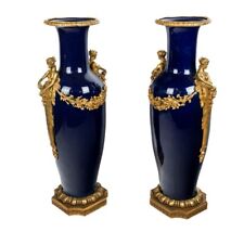 Antique 19th C French Sevres Porcelain Bronze Mounted Cobalt Blue Vase Urns 45” picture
