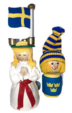 vintage Sweden souvenir Swedish wood Lucia Butticki viking doll  flag pole grown picture