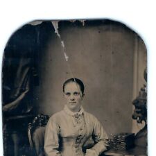 c1860s Lovely Young Lady Woman Fancy Furniture Tintype Photo Quarter Plate H30 picture