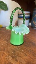 Rare Vintage Fenton Green Overlayed Ruffled Edge Basket With Green Reed Handle picture