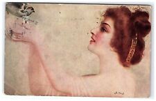 c1909 Postcard Lovely Woman Letting Go Of A Messenger Pigeon With Message Art picture