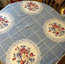 Vintage Tablecloth MCM Blue White Squares With Floral Rose Circles￼ picture