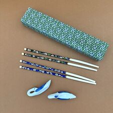 Vintage Japanese CHOPSTICKS 2 PAIRS Cloisonné and Bone in Box w/ Ceramic Rests picture