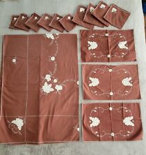 #212 Vintage Brown Embroidered Rectangle Tablecloth Napkins Placemats Applique  picture