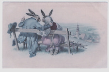 Easter Vintage Postcard M M Vienne Dressed Humanized Rabbit Couple Bench Fantasy picture