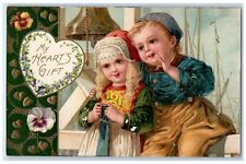 c1910's Valentine Hearts Gift Children Flowers Heat Winsch Back Antique Postcard picture