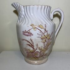 Antique White Ironstone Style Pitcher Flowers Stained Crazed Patina Large 11” picture