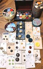 VINTAGE & Mix BUTTONS Lot CELLULOID GLASS RHINESTONE MIRROR BACK Tins Hinged Box picture