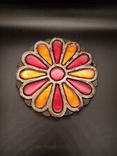 Vintage Cast Iron Trivet Hot Plate With Colorful Stained Glass Footed picture