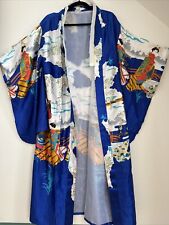 Handmade Japanese Printed Silk Kimono Blue Pagodas Women Floral Lined picture