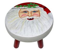 4” Santa Claus Blue Eyes Painted Wood Small Doll Stool Stand Diameter 5” picture