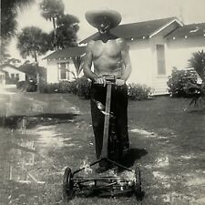 Vintage B&W Snapshot Photograph Mature Man Mowing Grass With Push Mower picture
