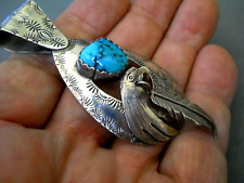 Native American Turquoise Sterling Silver Eagle Feather Stampwork Pendant  2.6