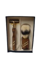 Vintage Gent’s Razor and Brush Pure Bristles West Germany wooden & gold handles picture