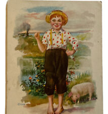 Antique 1916 Ephemera Gartner & Bender Postcard Sweet Countryside Train Boy Pig picture