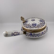 Vintage Silent Butler/Crumb Catcher Blue and White Porcelain Enamel & Brass picture
