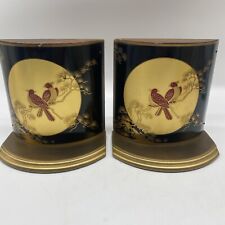 Pair Mid-century Grammes enamel brass & wood Oriental bookends picture