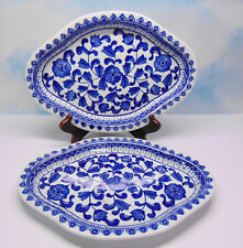Pair of 2 Vintage Chinoiserie Blue & White Porcelain Decorative Oval Plates 11