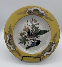 VTG Chinese Hua Rong Tang Zhi Porcelain Decor Birds Plate Gold Trim Yellow 10” picture