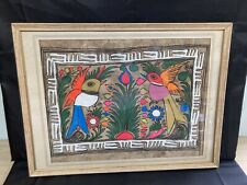 Vtg. Amate Bark Painting Mexican Tiki Folk Art Exotic Birds Flowers 16x12 Framed picture