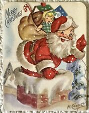 Vintage Christmas Santa Roof Chimney Toys Greeting Card Marjorie Cooper 1948 picture