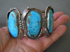HUGE Native American Rich Blue Turquoise 3-Stone Sterling Silver Leaves Bracelet picture
