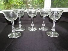 Lot of 5 Vintage Etched Flower Flared Coupe Wine Glasses picture