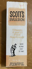 VINTAGE SCOTT'S EMULSION COD LIVER OIL 7/8 FULL BOTTLE BOX AMBER EMBOSSED BOTTLE picture