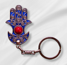 Elegant Moroccan Blue Hamsa Keychain with Red Gemstone Hand of Fatima Charm picture