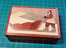Vintage Small Wooden Marquetry Hand Crafted Jewelry Trinket Box Sledding Scene picture