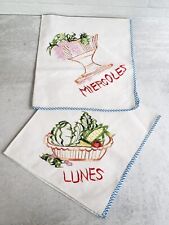 Set of 2 Vintage Embroidered Spanish Linen Napkins Days of the Week LARGE picture