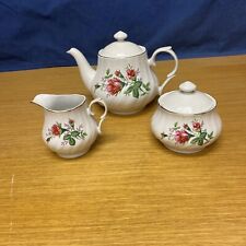 Lynn's China Victorian Rose 6 1/2” Tea Pot w/Creamer & Sugar Bowl picture