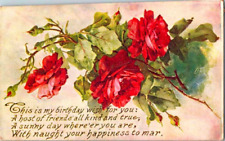 Vintage Postcard Birthday Wish Red Flowers with Green Leaves S02 picture