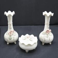 Thames White Porcelain with Pink Flowers 3 piece Set Vanity Top Trinkets picture