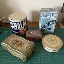 5 vintage metal tins SANALAC Jacob & Co cream crackers FLORAL round biscuit htf picture