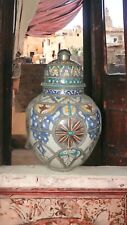 Maroccan Fez Ceramic Ginger Jar Urn Vase Lid w/ Filigree Silver Nickel Work 20