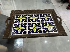 VTG Mexican Wood & Tile Tray Carved Wood Spanish Tile With Handles picture