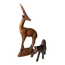 Wooden Carved African Animals Gazelle & Zebra, Set of 2, Home Shelf Decor picture