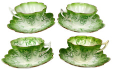Set 4 Antique Foley China Shelley Wileman Snowdrop Cameo Green Teacups & Saucers picture