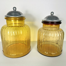 2 Vintage Amber Glass Ribbed Apothecary Canisters Blown Glass With Pewter Lids picture
