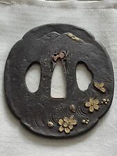 Sale Antique JAPANESE OLD Iron SAMURAI HAND TSUBA cherry, EDO Period, SWORD picture