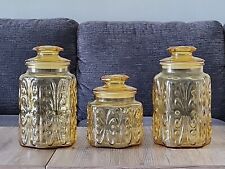 SET 3 VTG LE Smith Imperial Glass Atterbury Scroll Amber Apothecary Canisters 💛 picture