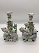 Vtg Pair Of Chinese Porcelain Fertility Taper Candle Holders Hand Painted Magau picture