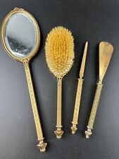 Art Nouveau PYRAMID 4 Pc Vanity Dresser Set Mirror Brush Shoehorn File Gold Tone picture