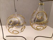 Hand Blown glass Vintage Ornaments Lot Of 2 Clear W/ Gold Swirls picture