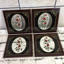 Painted Glass Panels Red Roses Ornate Classic Victorian 6” Squares Set Of 4 picture