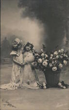 Children 1908 RPPC Girls with Flowers DLG Real Photo Post Card 1c stamp Vintage picture